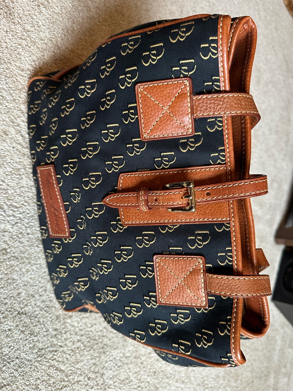 Dooney & Bourke Black Logo Tote with Brown Leather Trim